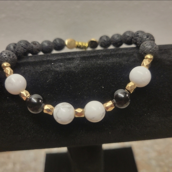 Gold, Black Lava, White Howlite, and Black Obsidian Bracelet - Picture 2 of 7